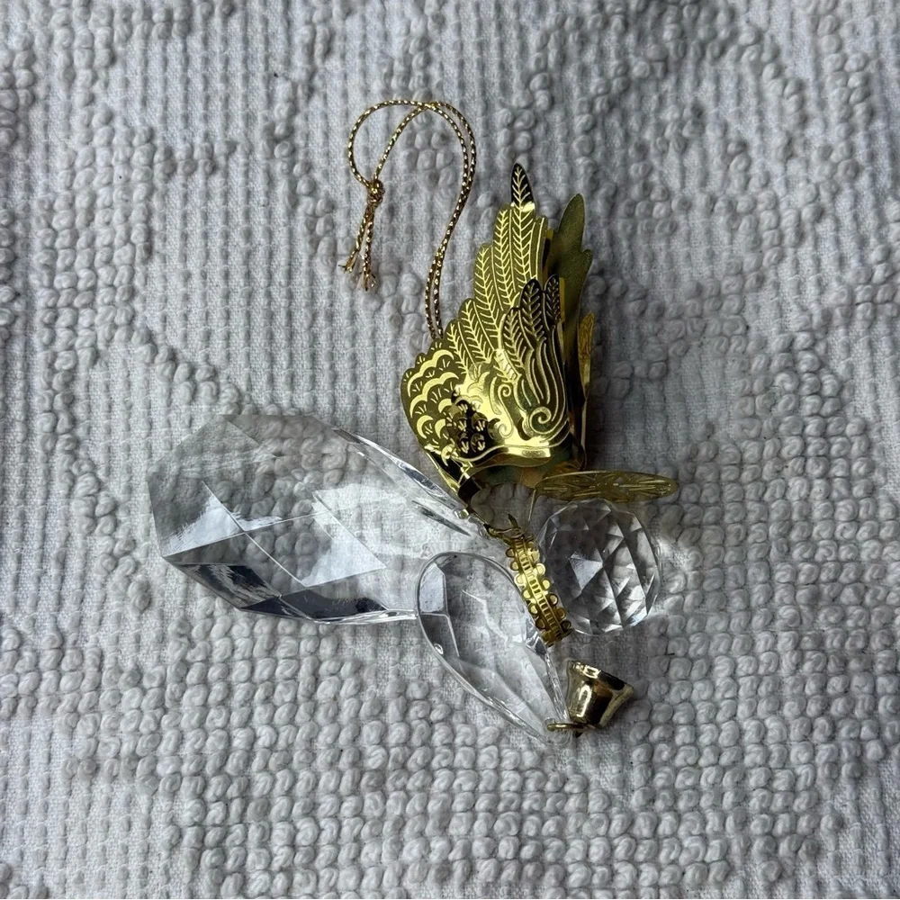 Faceted Clear‎ Crystal Angel Ornament with Gold Filigree Wings and Bell 3 Inch